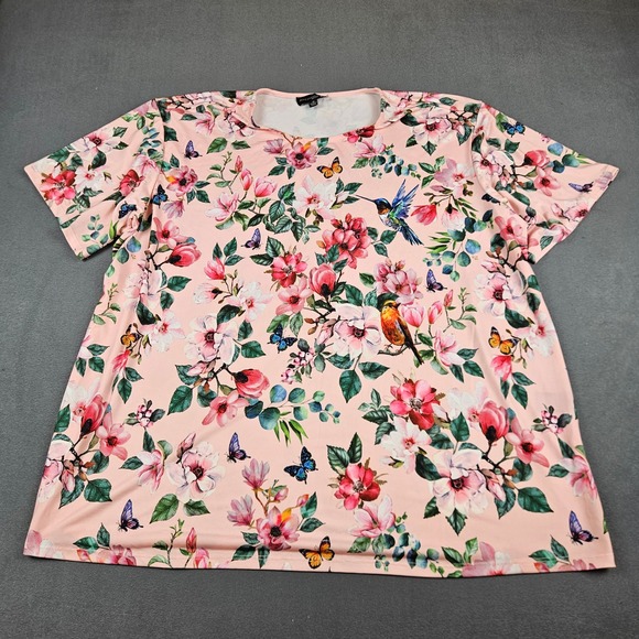 Antthony Original Tops - Antthony Original Pink Floral Hummingbird Butterfly Top 1X Short Sleeve Blouse